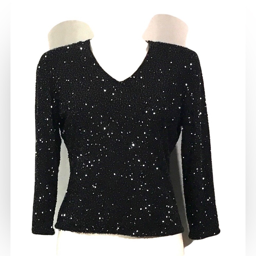 Vintage Brilliante by J. A. -bugle bead V neck top